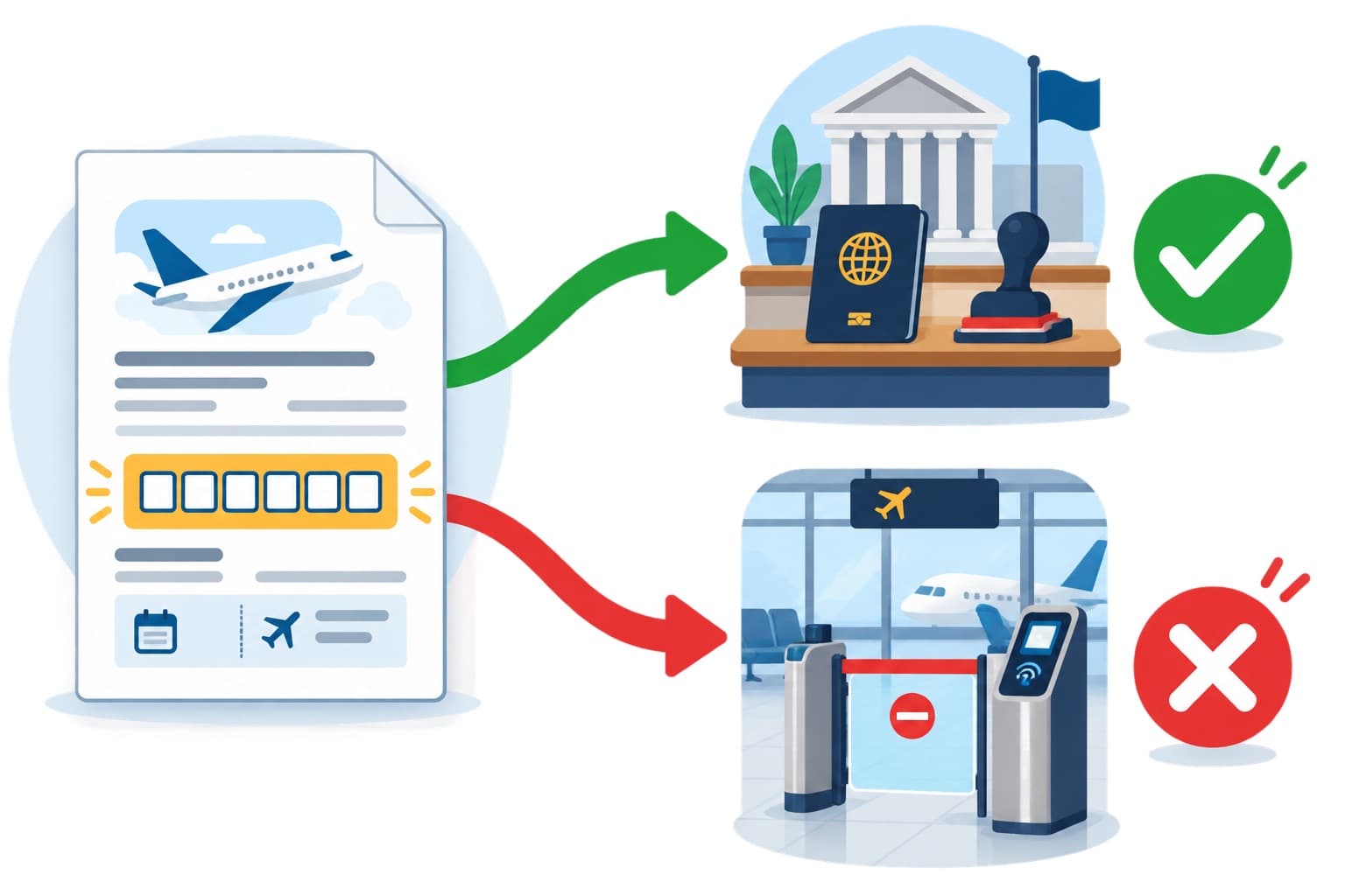Diagram: a flight reservation document with its booking reference highlighted, one arrow to a consulate desk marked with a check, another to an airport boarding gate marked with a cross