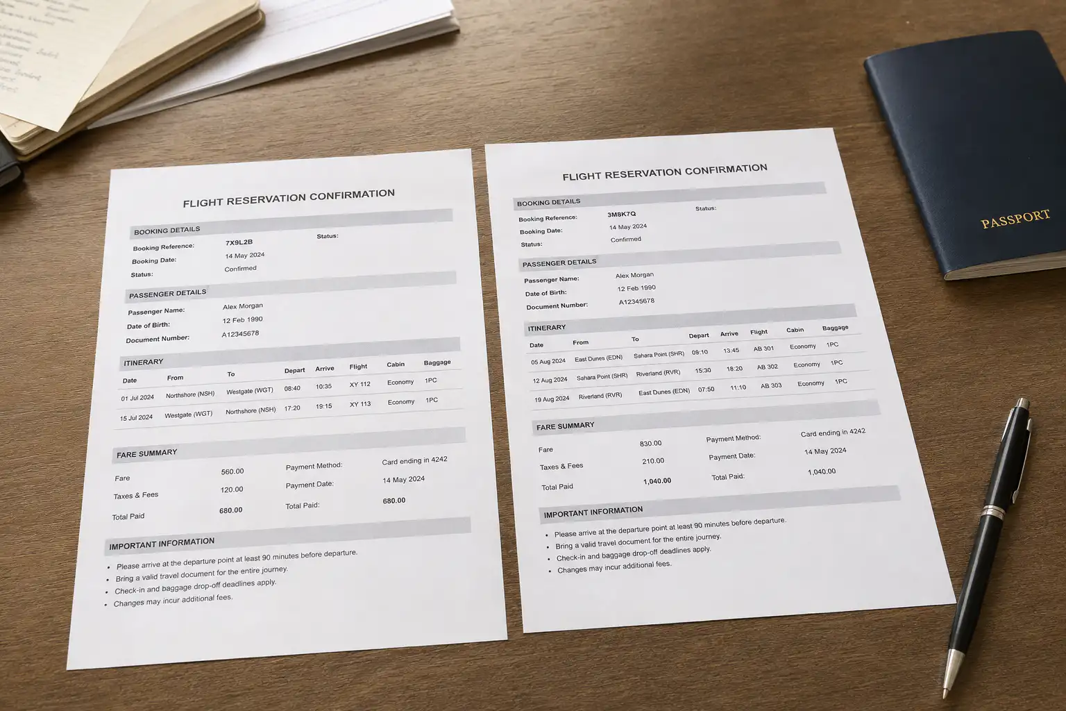 Two printed flight reservation confirmations lie side by side on a wooden desk, with a passport and pen nearby