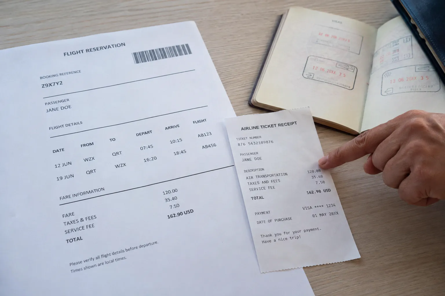 A printed flight reservation sheet and a small airline ticket receipt lie on a desk beside an open, stamped passport, with a hand pointing at the receipt