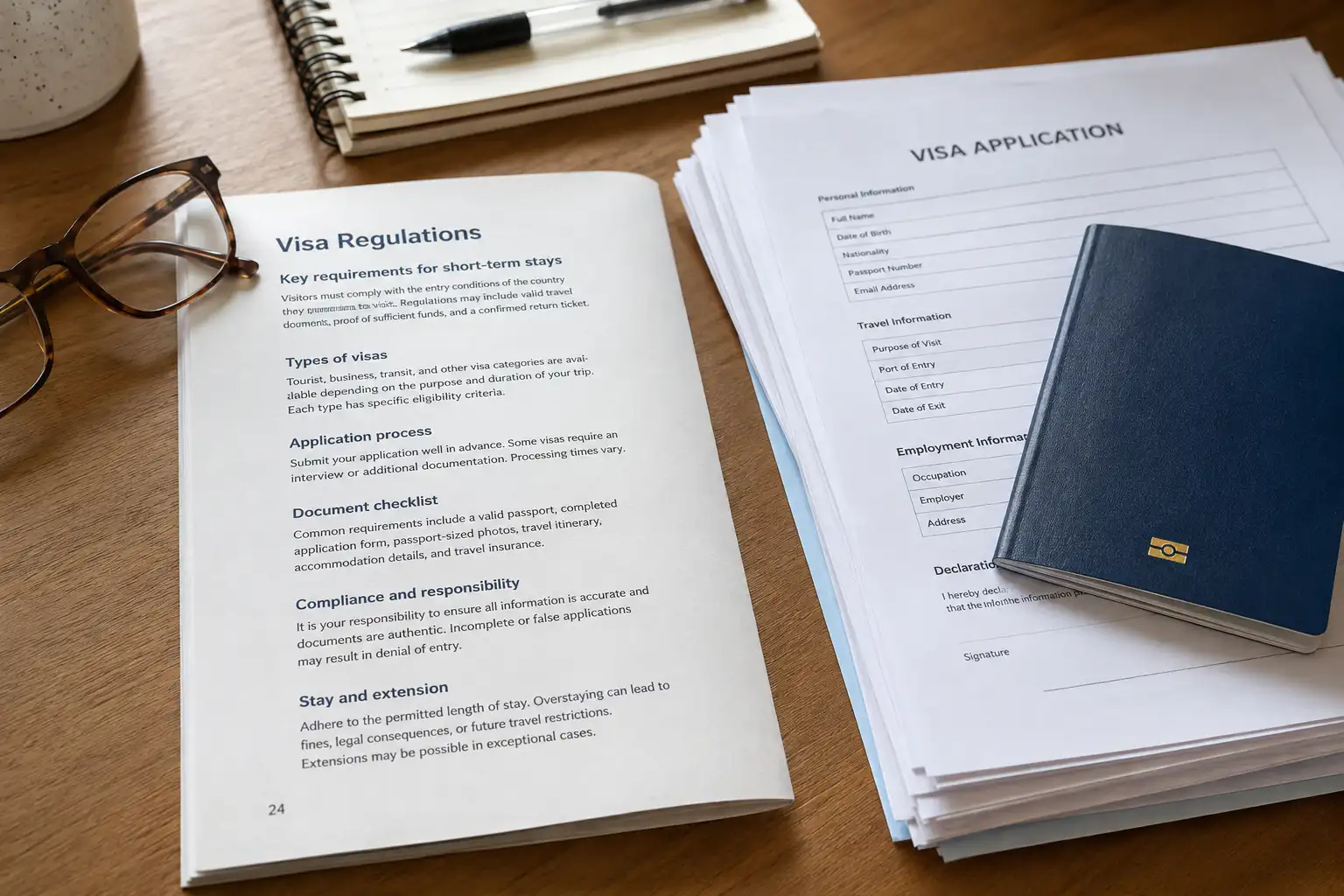 A printed "Visa Regulations" page and reading glasses lie beside a stack of visa application forms topped with a blue passport, on a wooden desk