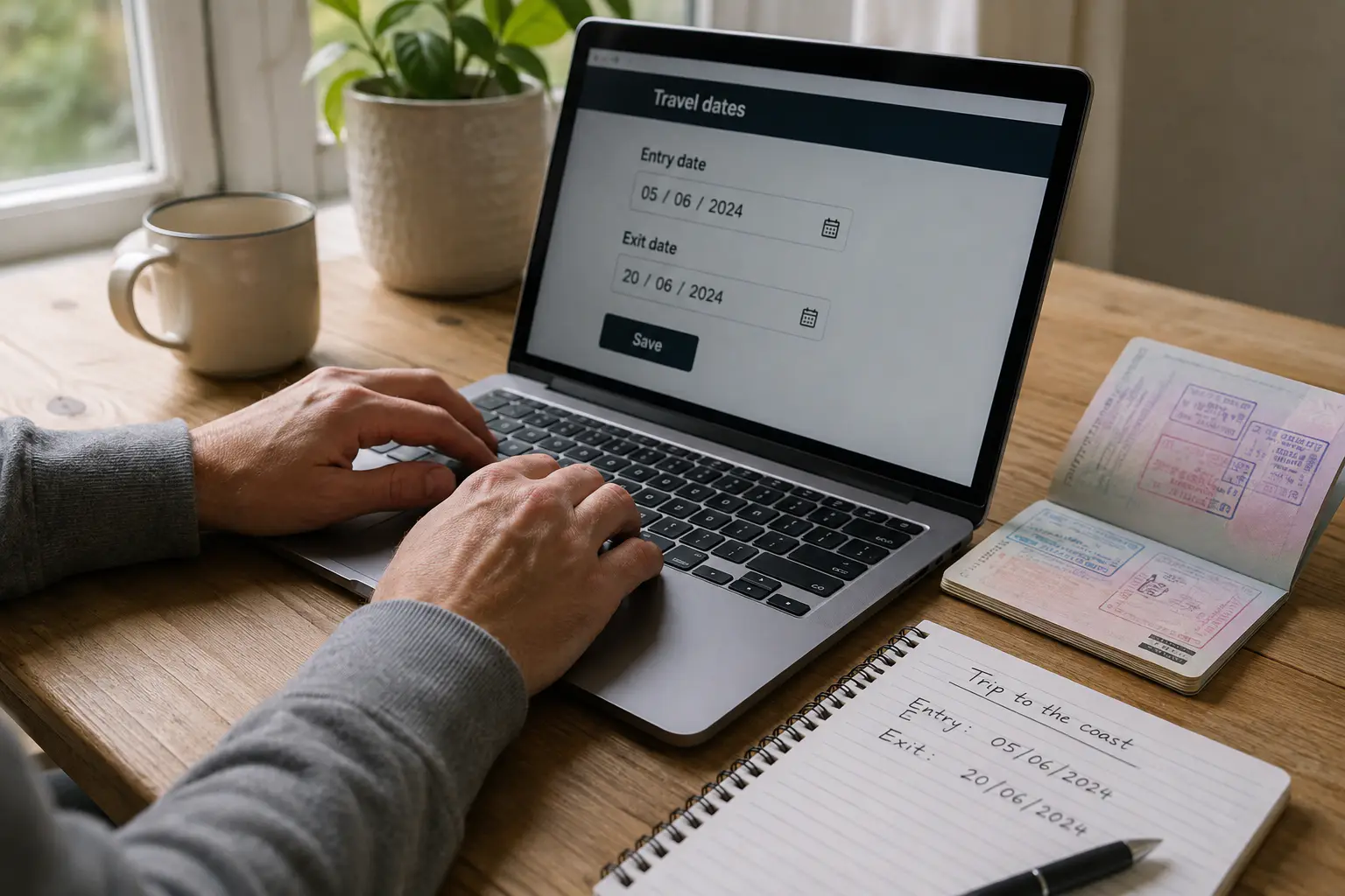 Hands type on a laptop showing entry and exit travel dates, beside an open passport and a notepad listing trip dates