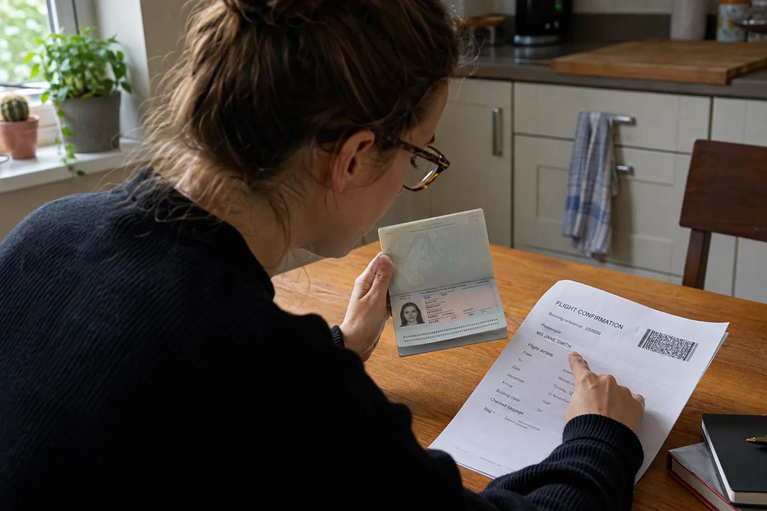 A woman at a wooden kitchen table holds an open passport in one hand while pointing at a printed flight confirmation with the other