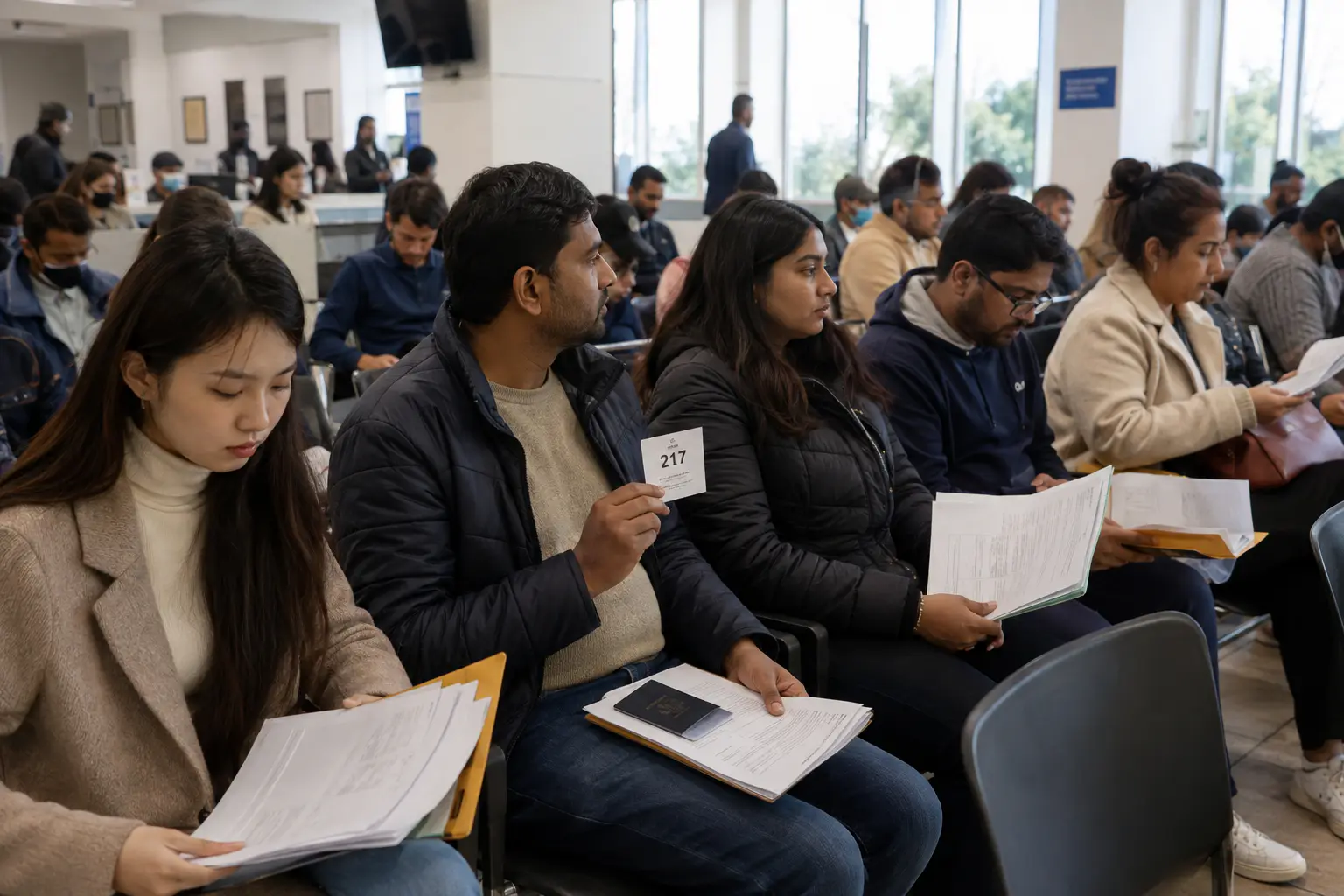Rows of seated visitors in a crowded waiting room hold folders, passports and papers while one man displays a numbered queue ticket