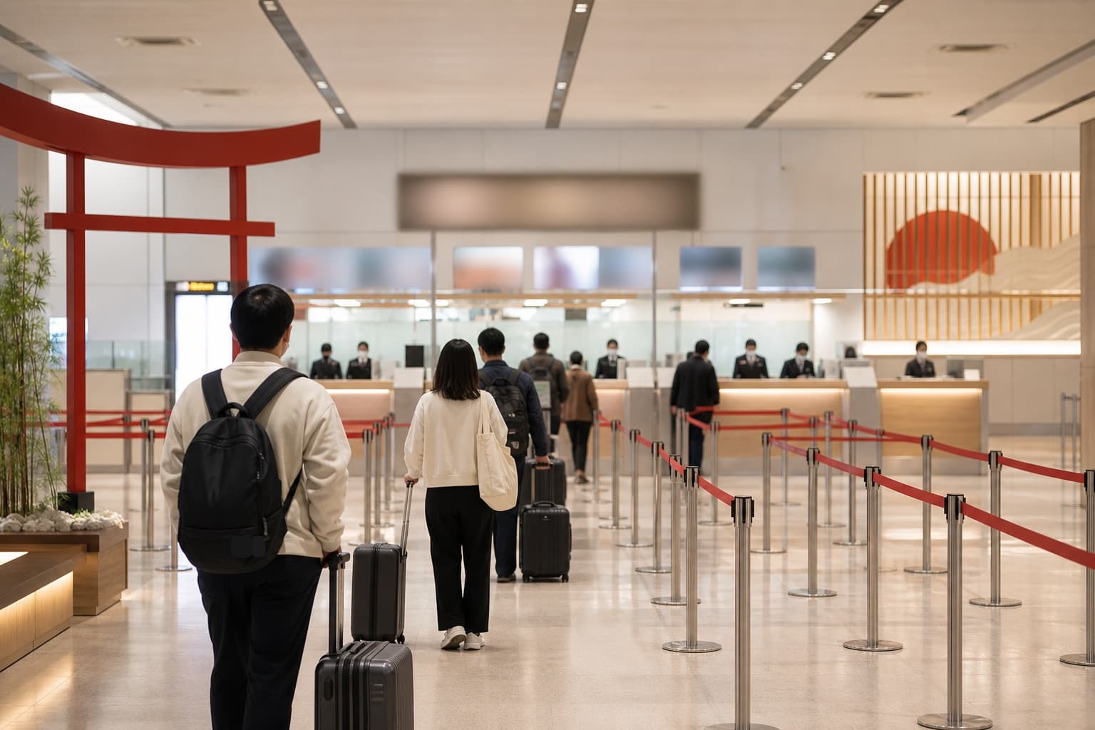 Arrival hall immigration counters at a Japanese international airport