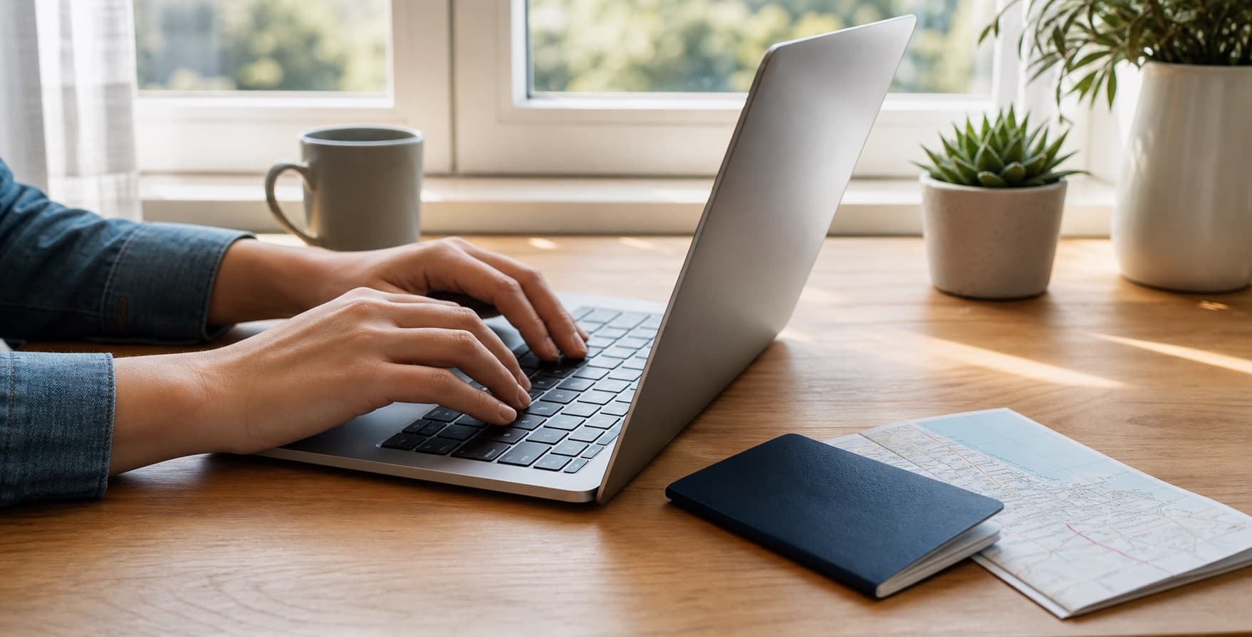 Checking a flight booking on a laptop with a passport and printed itinerary on the desk