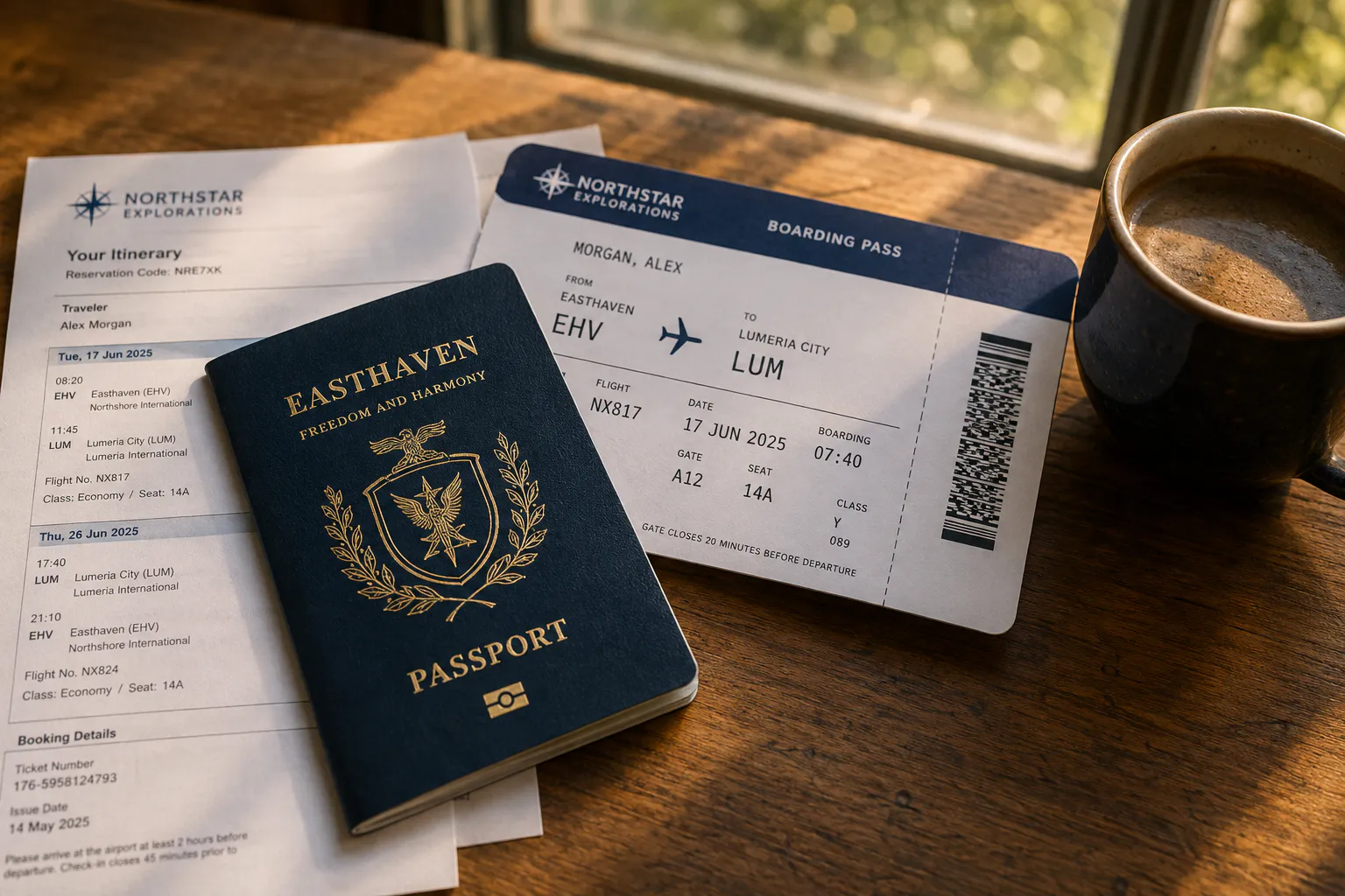 A navy passport rests on a printed itinerary and boarding pass beside a coffee cup on a sunlit wooden table.