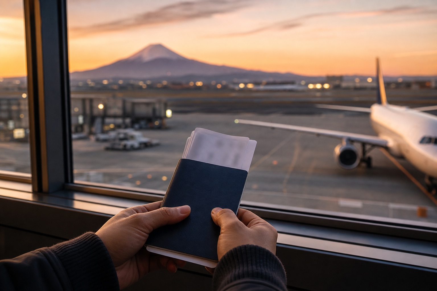 Traveler holding a passport and boarding pass with a Mount Fuji silhouette in the background, representing proof of onward travel for Japan